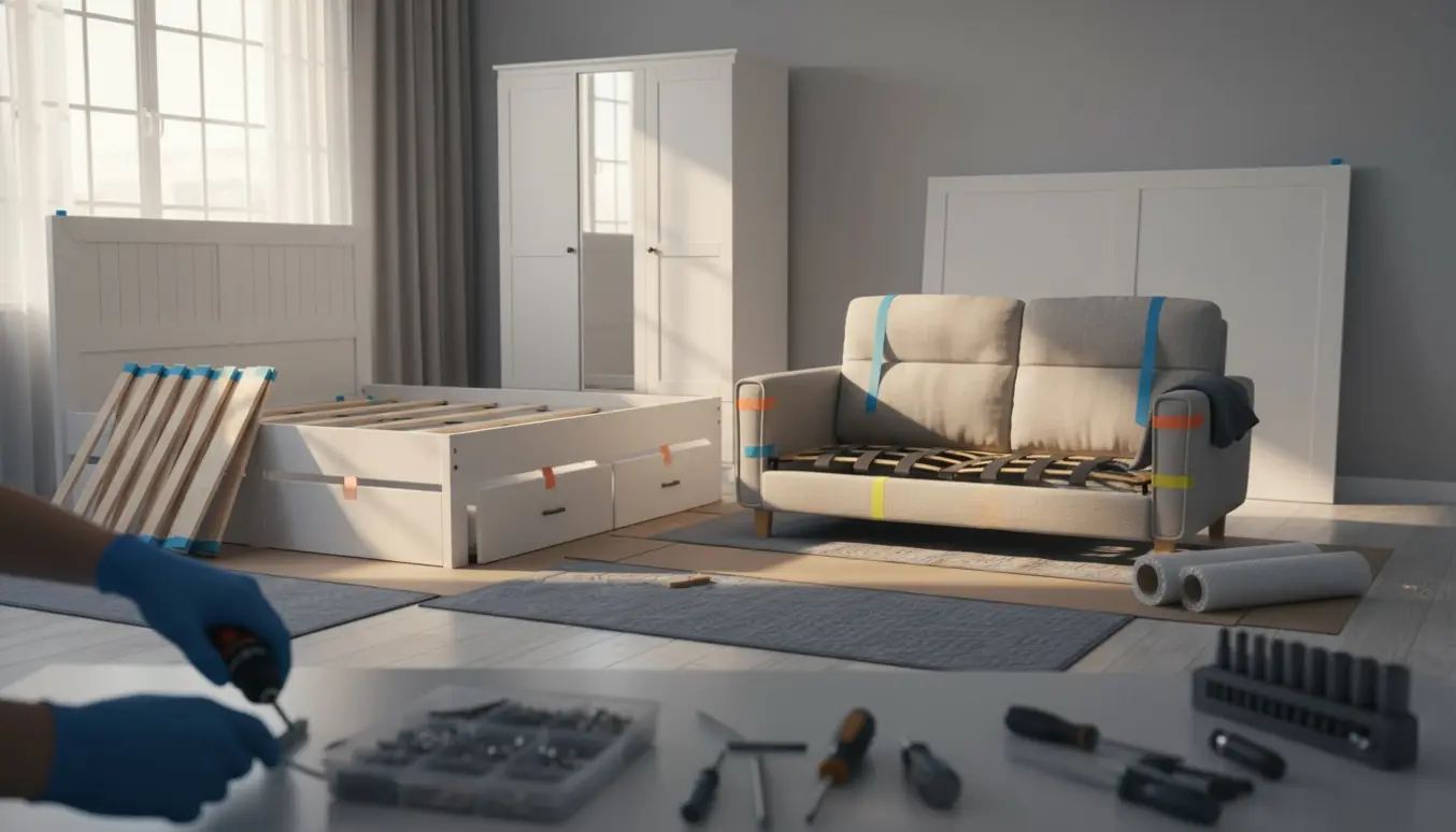 Lyst rum med hænder, der skilles en hvid opbevaringsseng, et fladt hvidt skab og en sofa ad, omgivet af værktøj og flytteudstyr.