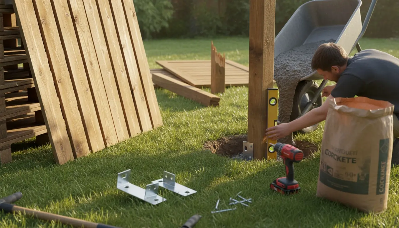 Ny 100x100 træstolpe sættes i hullet med beton og beslag klar til montering af to hegnsfag.