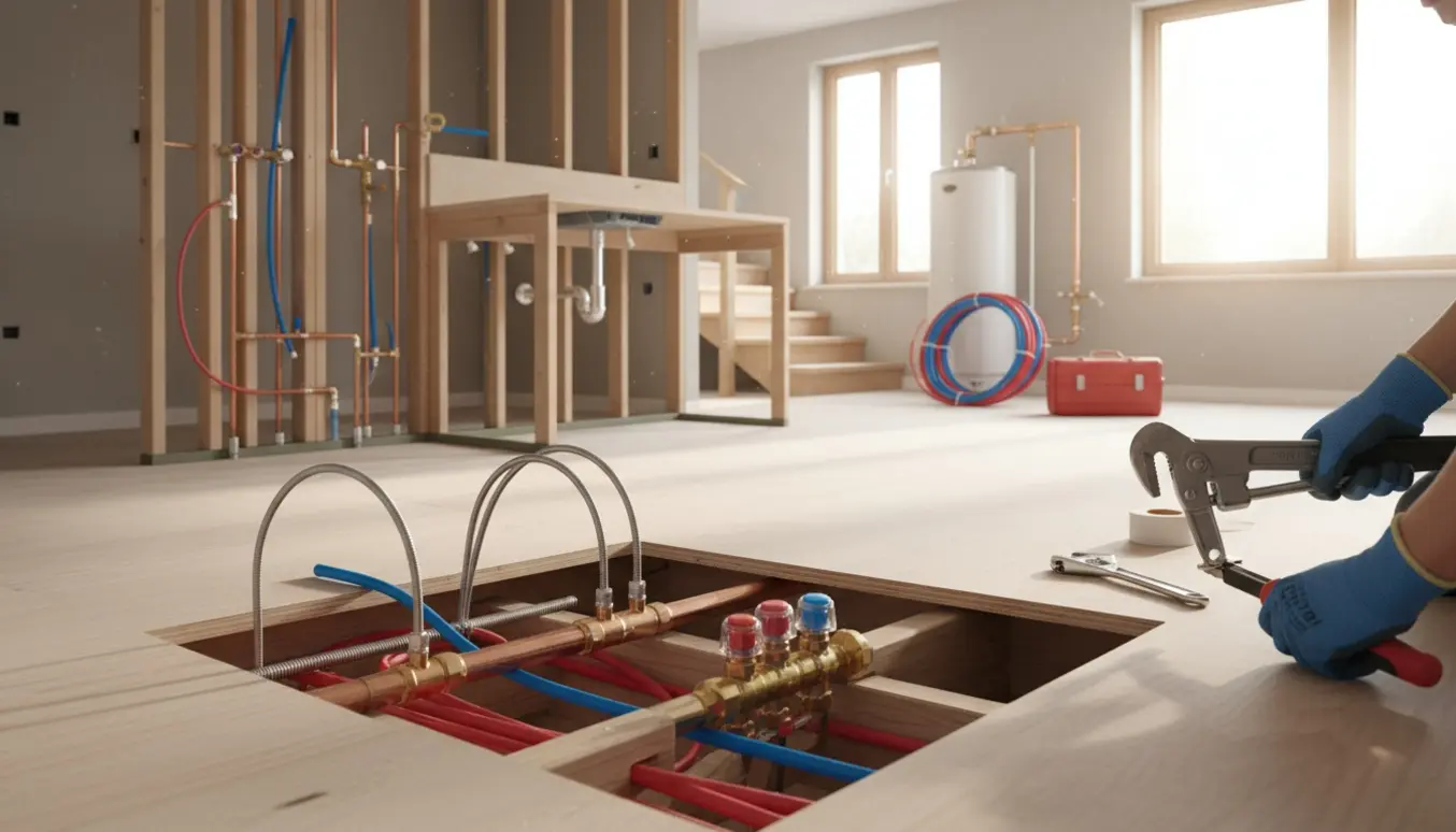 Tom parcelhus under renovering med nye vandrør, PEX-slanger, værktøj og en varmtvandsbeholder i kælderen.