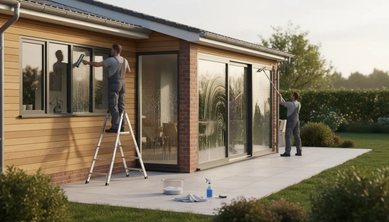 Udendørs vinduespudsning ved et enfamiliehus med en pudser ved terrasseglas og rengøringsudstyr.