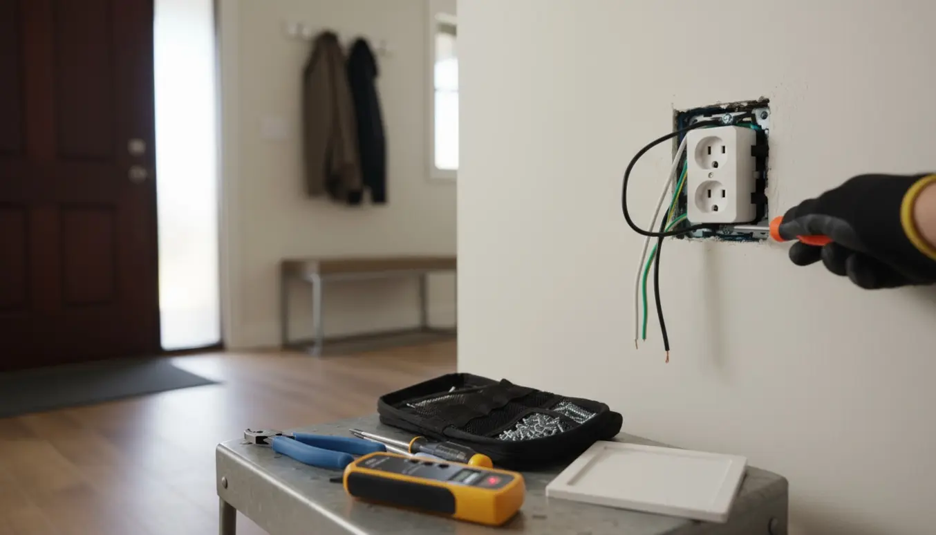 Elektriker monterer en ny stikkontakt i entréen, kun hænder og værktøj synlige.