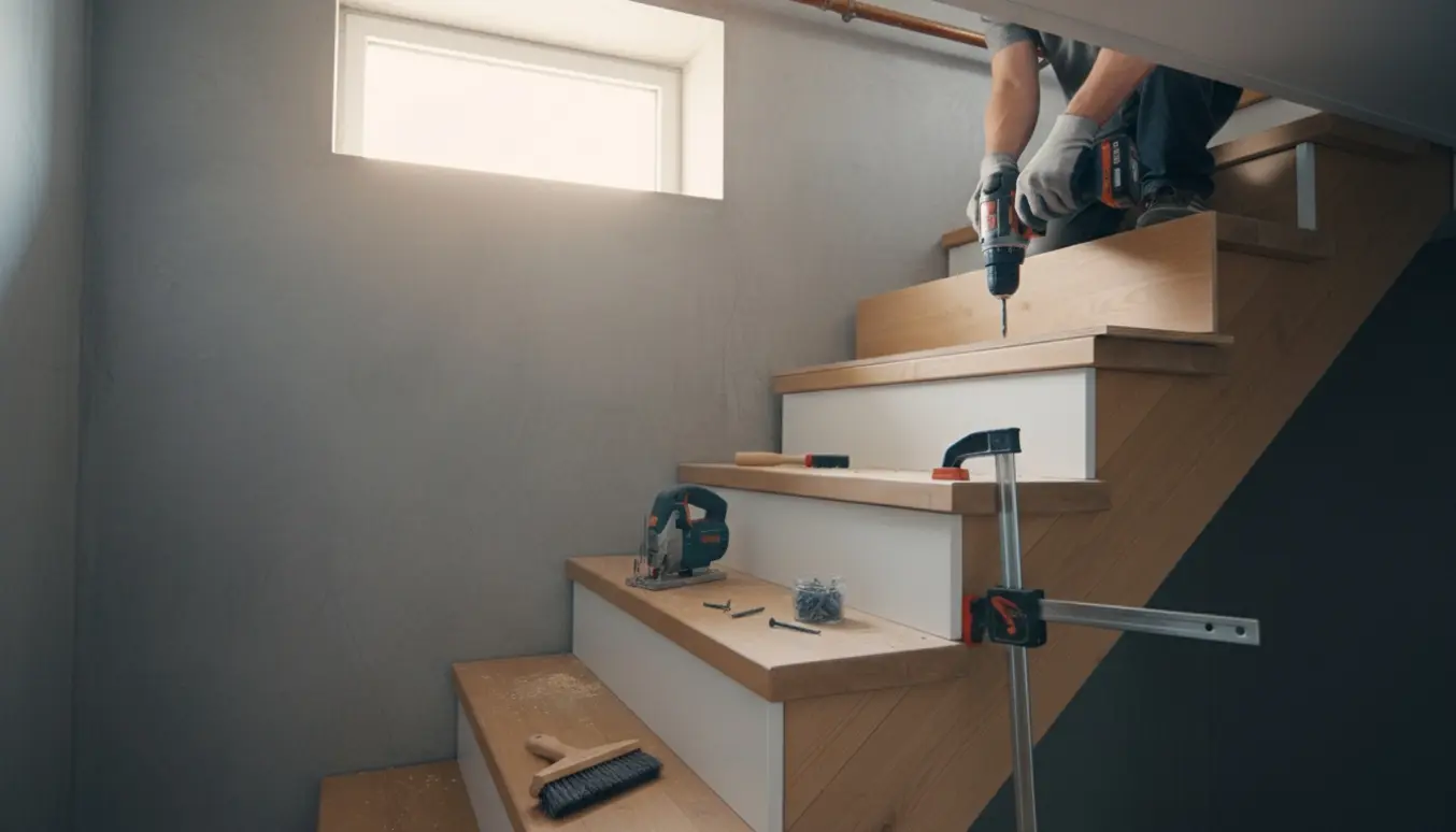 Hænder monterer lukkede bagplader på en kældertrappe, så skidt ikke falder igennem.