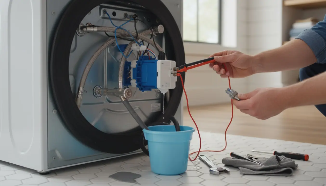 Nærbillede af hænder, der tester vandventilen på en åben frontbetjent vaskemaskine med løse slanger og værktøj på gulvet.