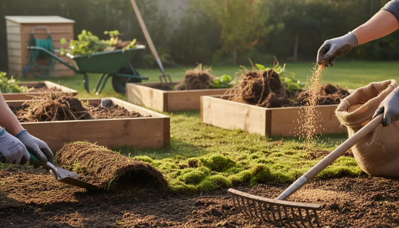 Nærbillede af havearbejde hvor hænder fjerner mos og løfter græstørv ved fire nyrullede bed med værktøj og trillebør i baggrunden.