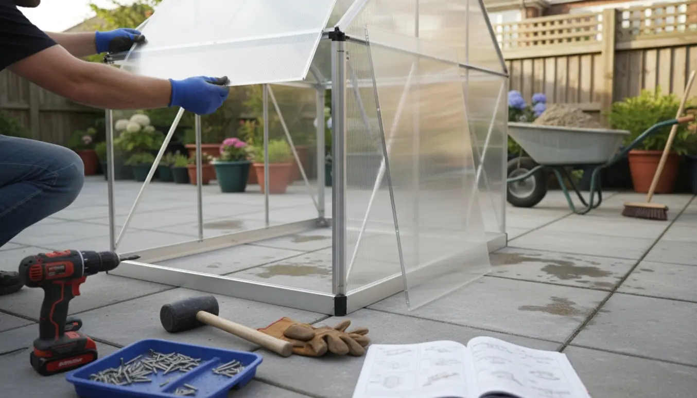 Et nyt aluminiumsdrivhus sættes op på en nyanlagt terrasse med værktøj og handsker i fokus.