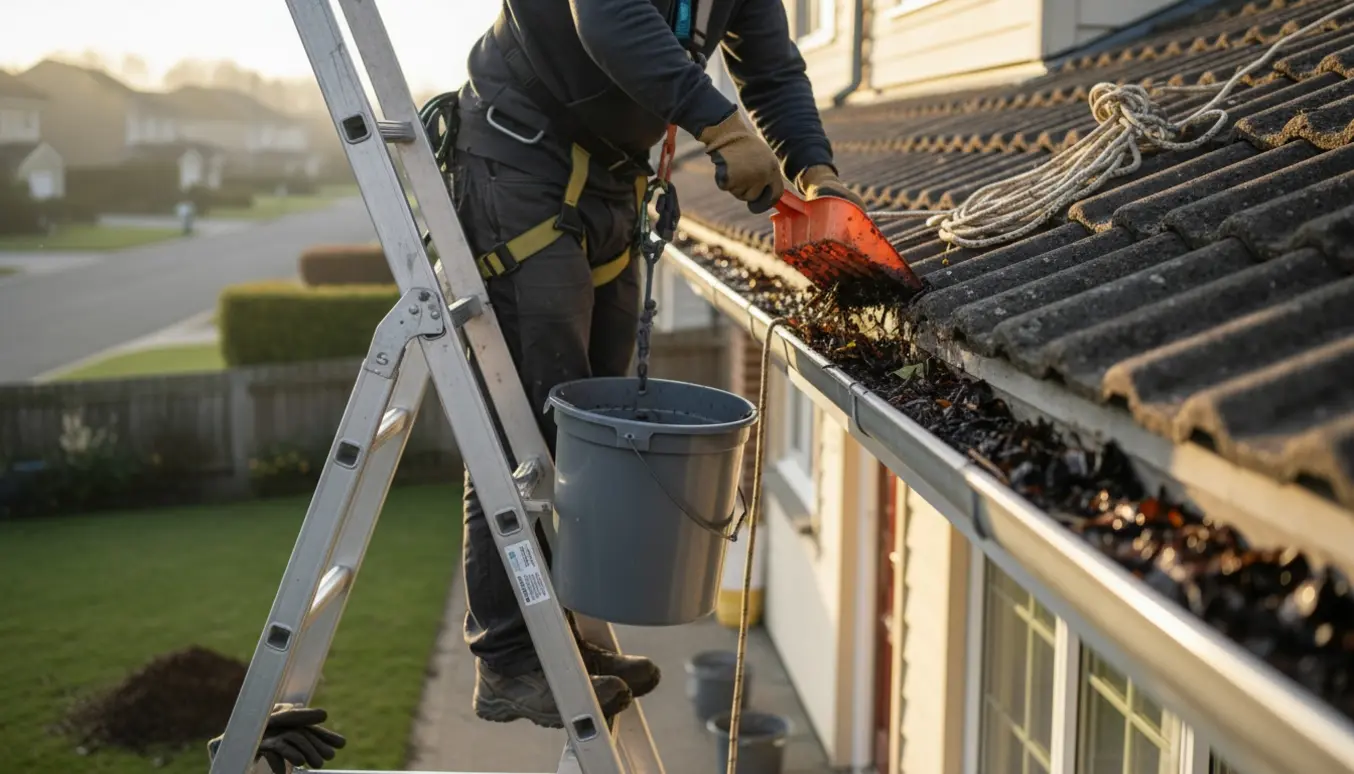 Person i arbejdshandsker renser en to-etagers villas tagrende fra en stige, mens løv samles i en spand.