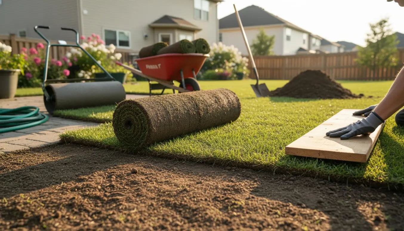 Rullegræs rulles ud og glattes på forberedt havejord med værktøj i baggrunden.