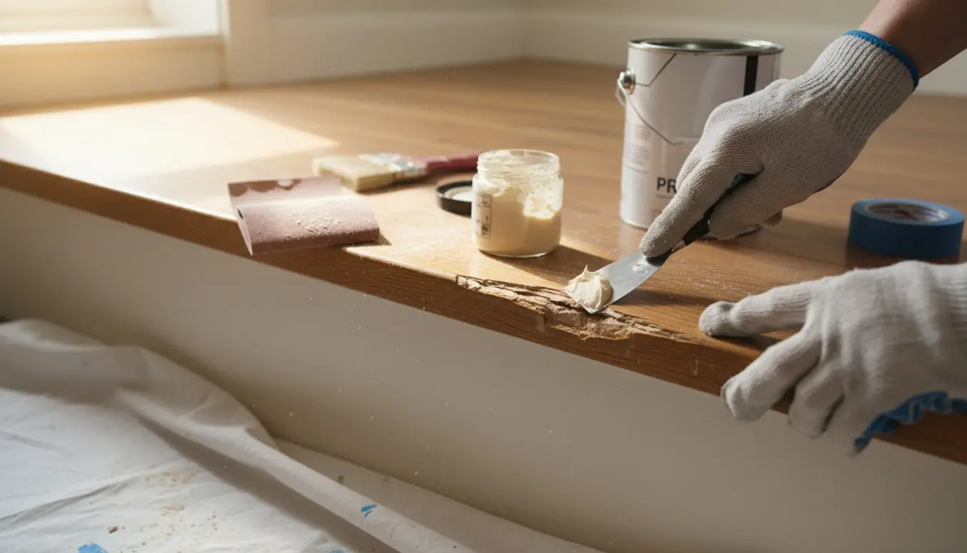 Nærbillede af en trappe med revner og et smuldret hjørne, hvor hænder reparerer skaden med spartelmasse og sandpapir.