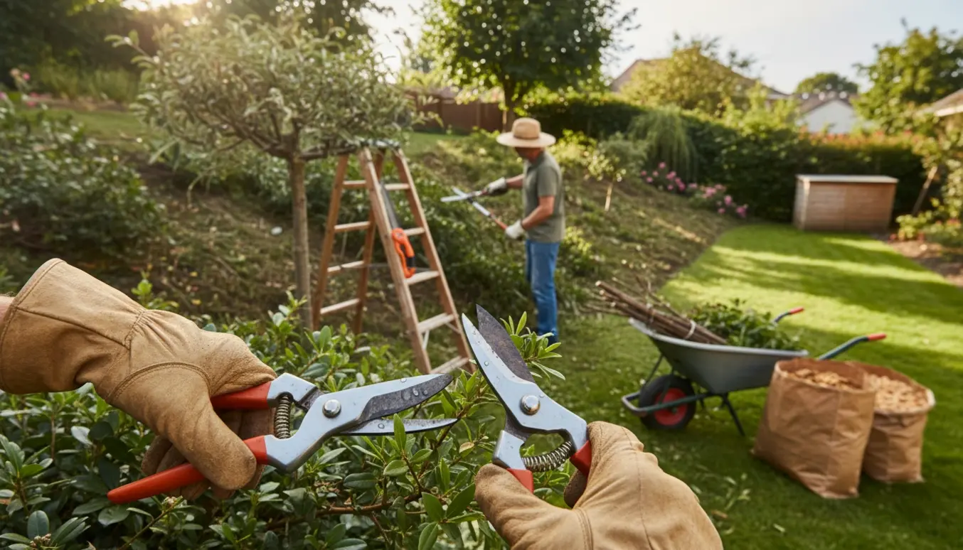 En person beskærer buske ved en skrænt med handsker og redskaber, mens en trillebør er fyldt med beskårne grene.