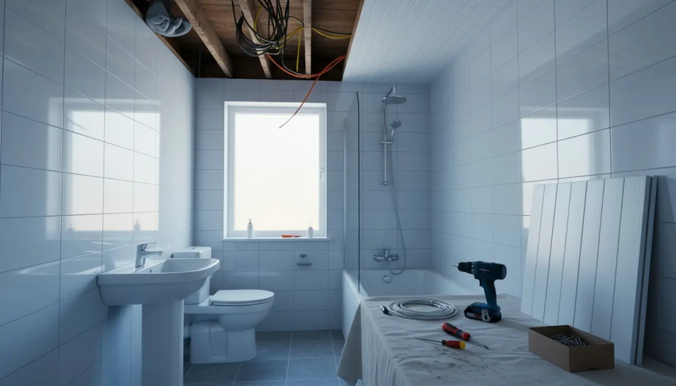 Lille badeværelse under renovering med det gamle loft fjernet på den ene side og nye hvide profilbrædder klar ved en stige og synlige kabler.