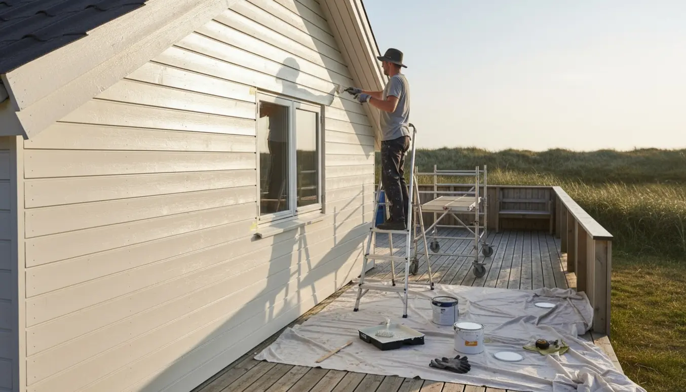 En maler med ryggen til på en stige maler ydersiden af et lille sommerhus med rulle og pensel, omgivet af maleredskaber.