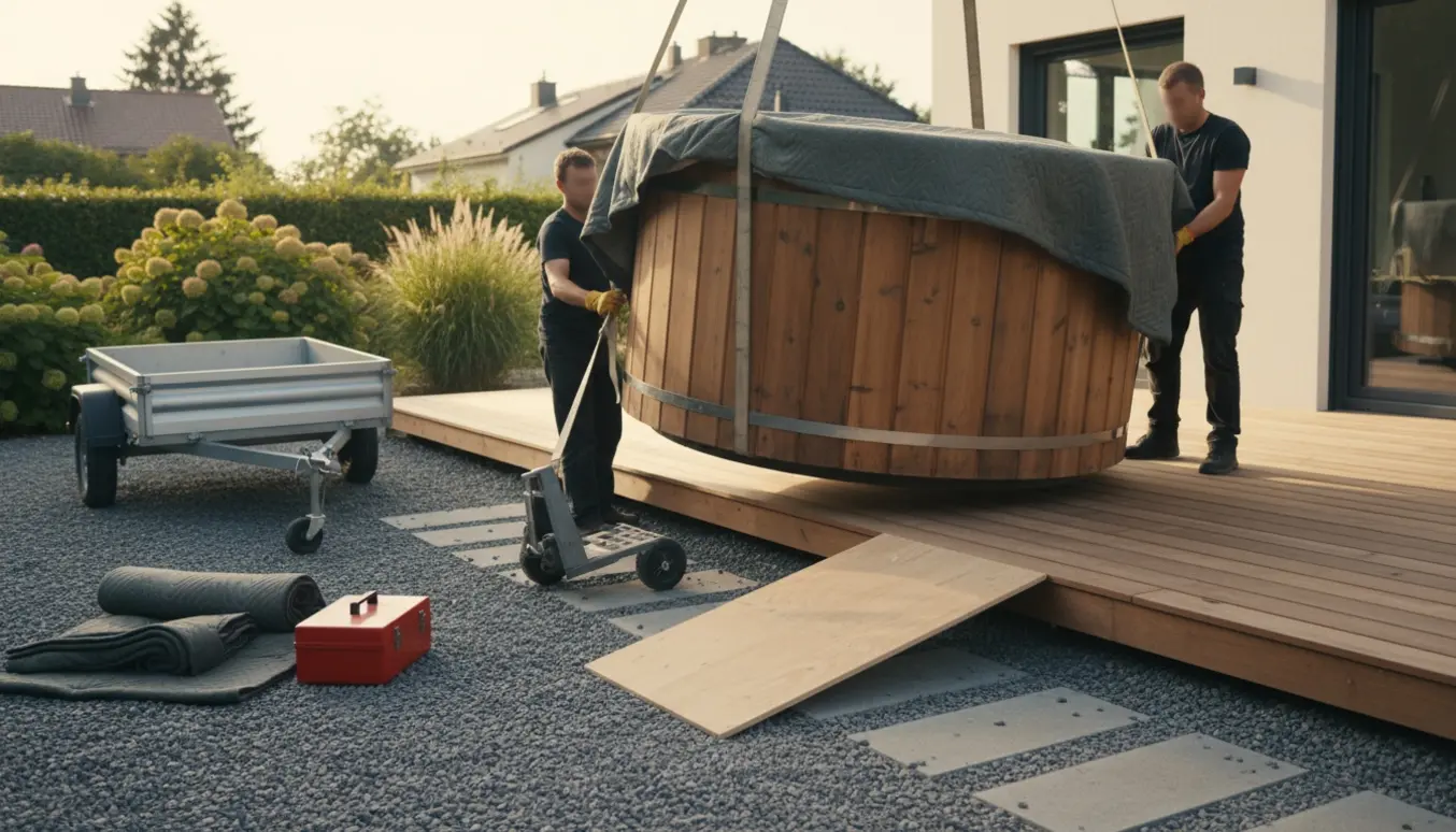 Vildmarksbad bæres fra indkørsel op på en træterrasse i en solrig have.
