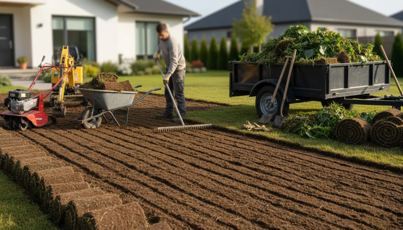 Udjævnet nyfræset græsplæne med rullede plænestykker, værktøj og trailer med haveaffald.