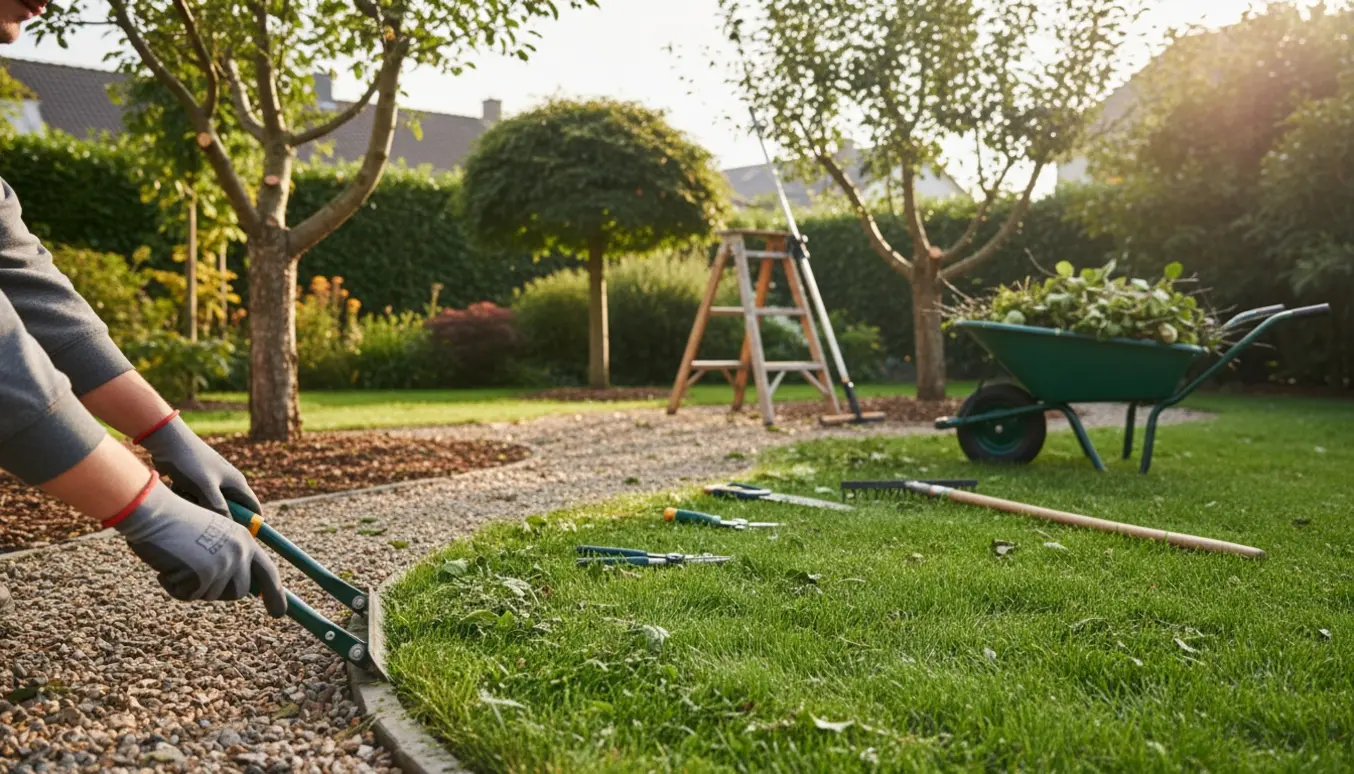 En gartner klipper græskant ved to beskårne æbletræer og et formet prydtræ.