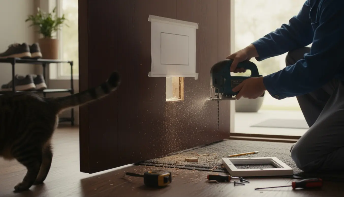 Installation af kattelem i en massiv hoveddør med savsmuld og værktøj i entréen.