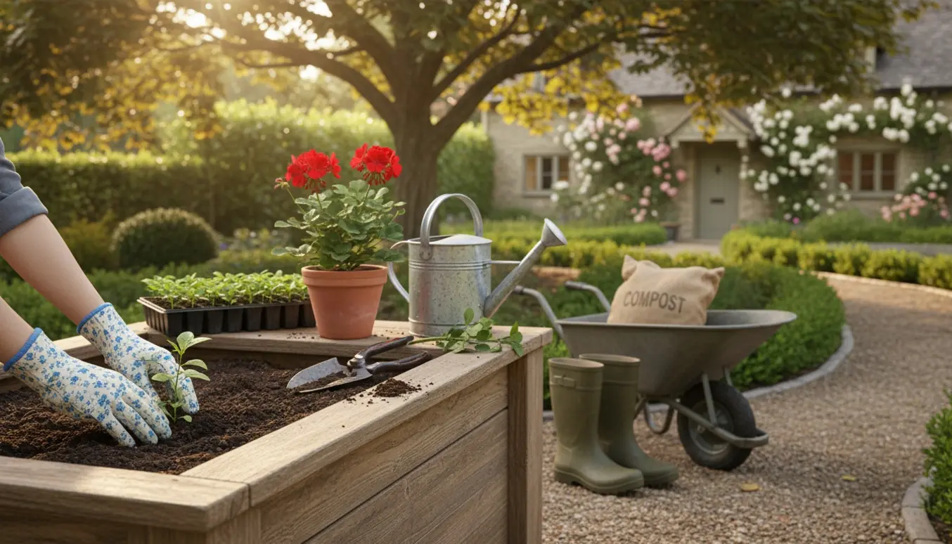 Hænder planter en lille plante i et træbed i en hyggelig, soloplyst have med haveredskaber rundt om.