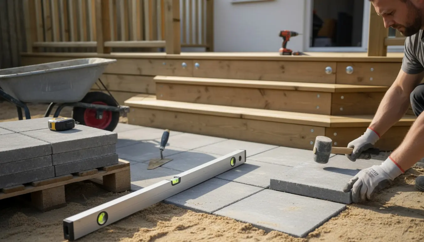 Hænder lægger fliser i en lille forhave foran en ny trætrappe med gelænder.