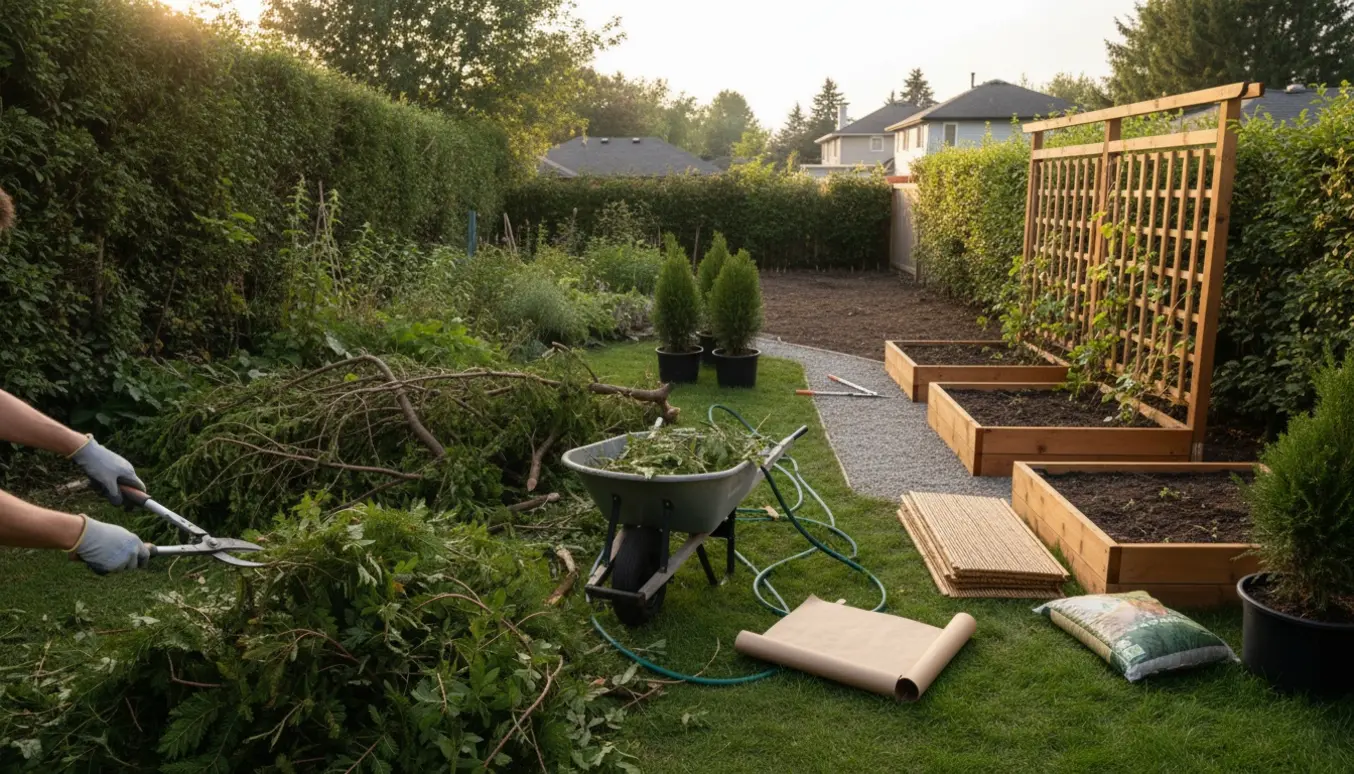 Haven før og efter rydning med beskæringsværktøj, ny plantekasse og privatlivsskærm.