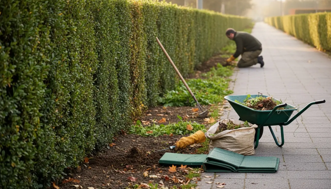 Person fjerner ukrudt langs en hæk og fortov med handsker og haveredskaber.