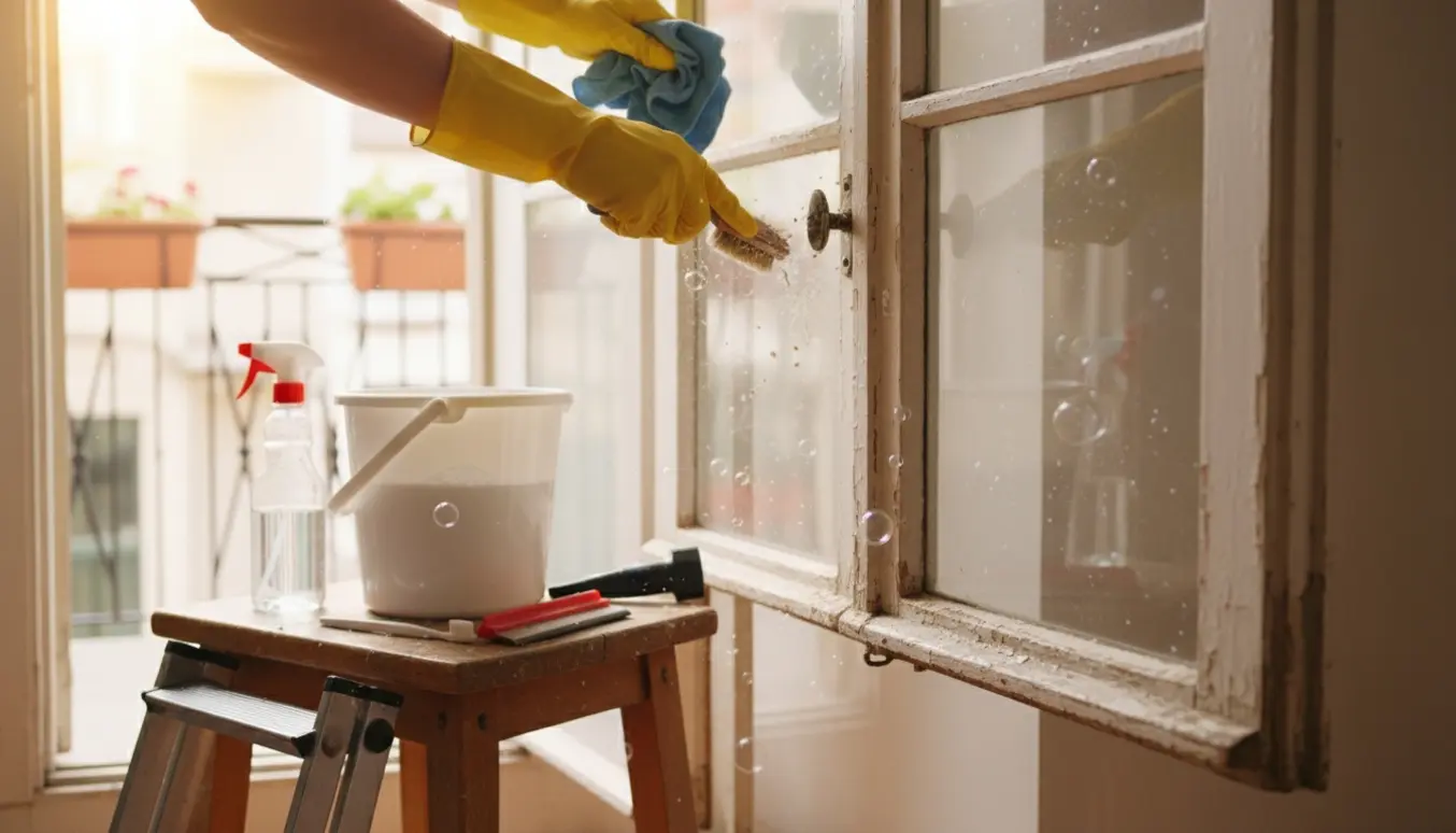 Hænder i gummihandsker rengør ruller og rammer rundt om vinduer og terrassedøre i en solfyldt ældre lejlighed.