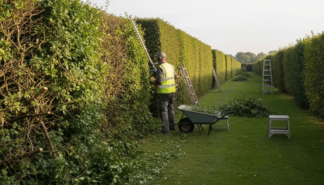 En gartner trimmer en lang 180 cm høj blandet hæk af tjørn og liguster med afklip samlet i en trillebør.