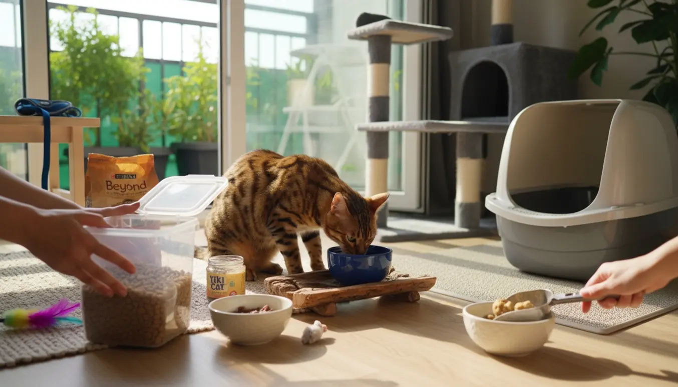 Bengalkat ved mad- og vandskåle mens hænder fylder tørfoder og renser kattebakken i et solfyldt hjem.
