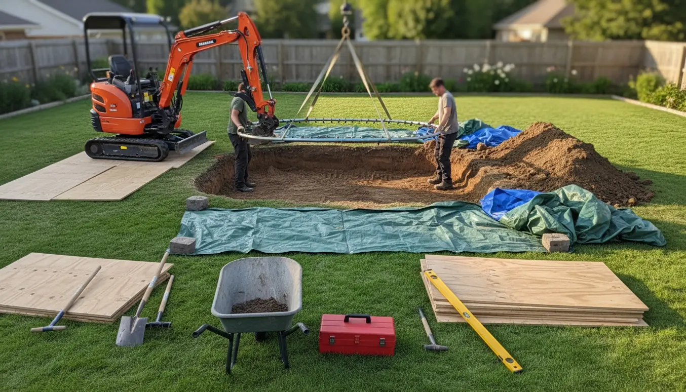 Oval trampolin sænkes ned i et nedsænket hul på en velplejet græsplæne med minigraver og jord på presenninger.