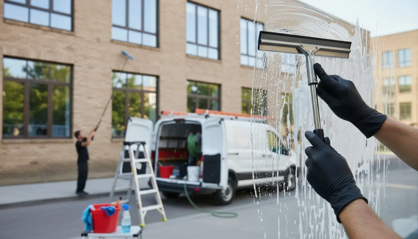Glaserede hænder pudser et udendørs vindue med en rive og spand foran en facade med flere store og små vinduer.