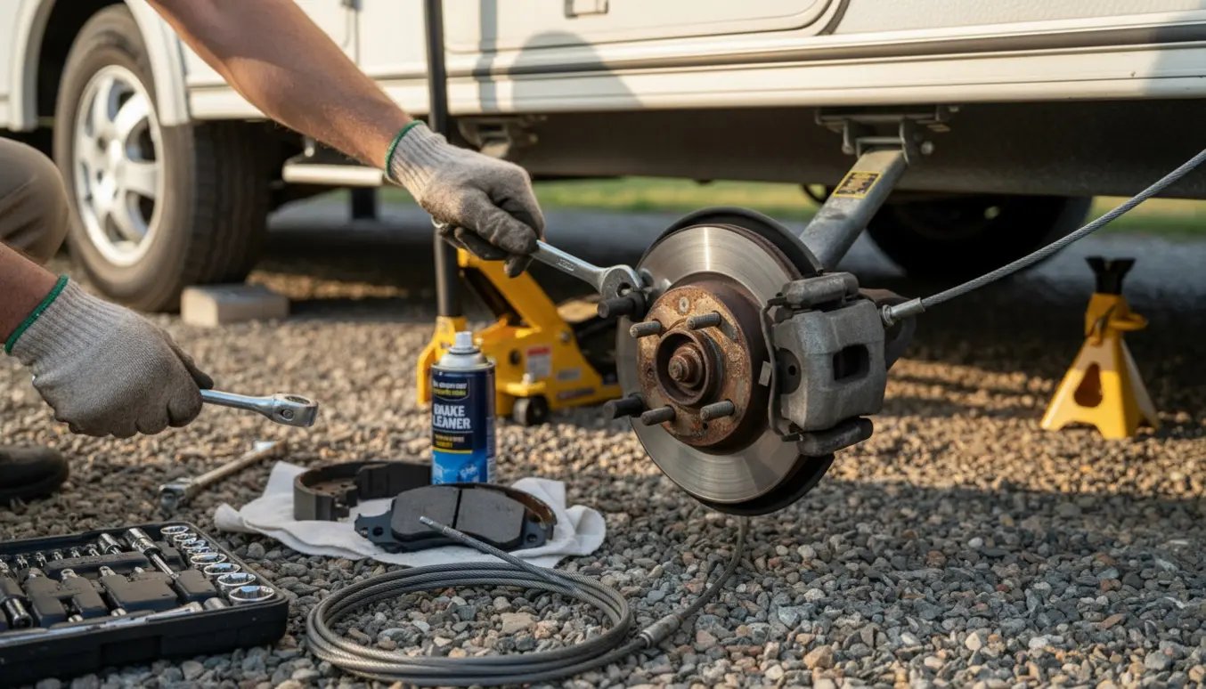 Nærbillede af en campingvogns bremsesystem med mekanikerhænder og værktøj, der reparerer en fastkørt bremse.