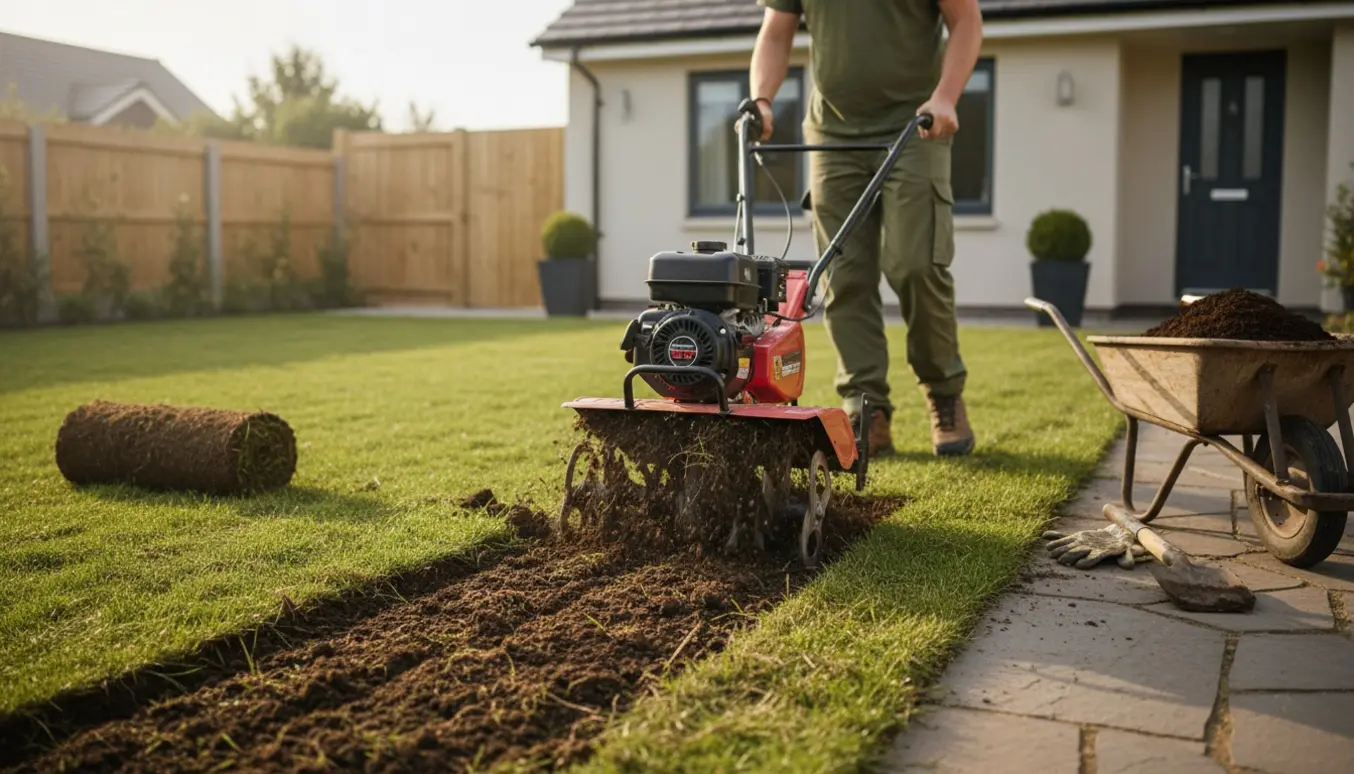 En lille forhave på ca. 20 m², hvor en rotavator vender jorden, operatøren ses bagfra uden ansigt.