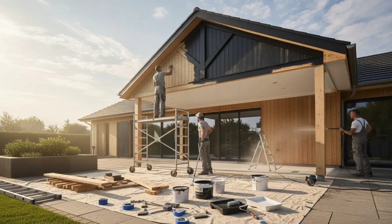 Udenomsbillede af håndværkere (ansigter skjult) der vasker og maler gavle og udhæng sort og hvid på en enetages villa.
