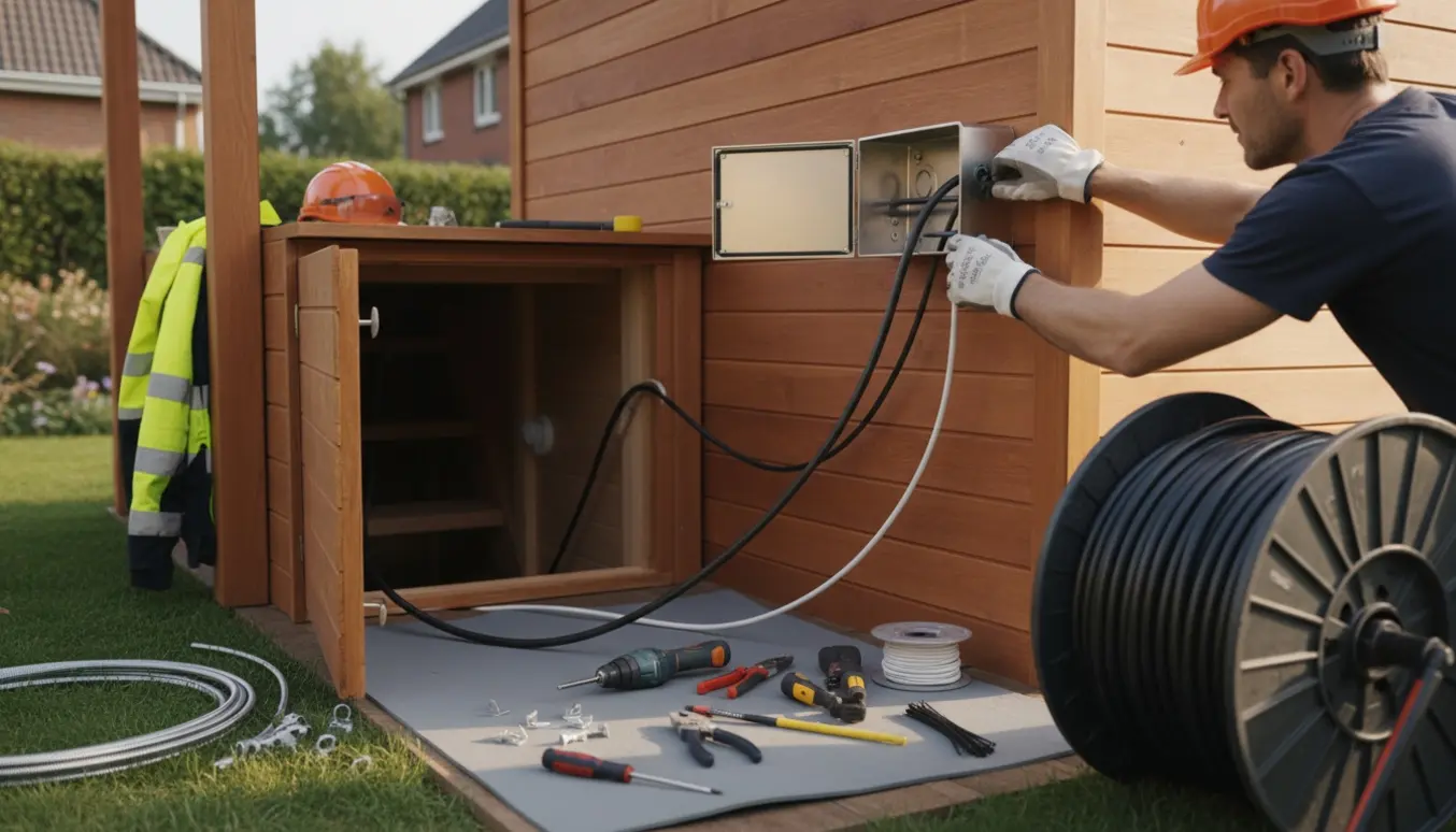 Elektriker fører et kraftkabel og et installationskabel ind gennem saunaens ydervæg og ned i kælderen.