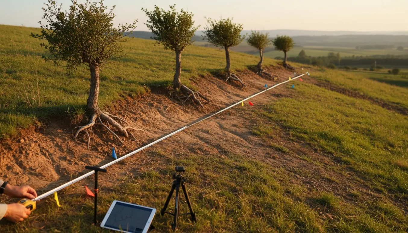 Skråning med fem små træer/buske og feltudstyr til billedanalyse, uden tydelige ansigter.