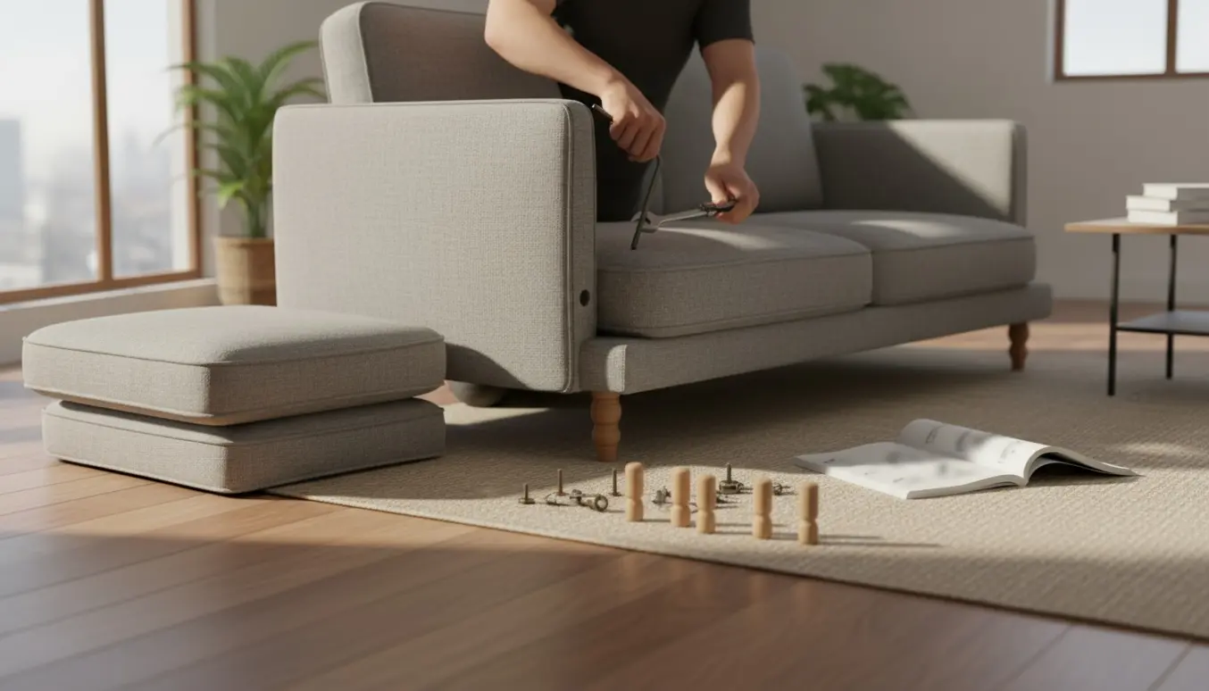 Nærbillede af montering af en 3-personers fladpakket sofa i en lys stue med værktøj og dele spredt omkring.