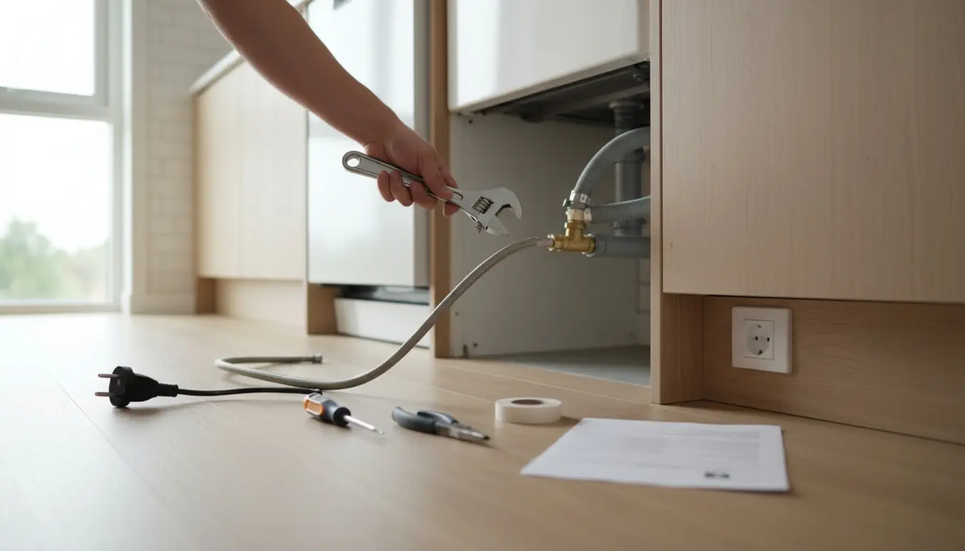 Hænder tilslutter vand- og afløbsslanger til en ny indbygget opvaskemaskine i et lyst køkken.