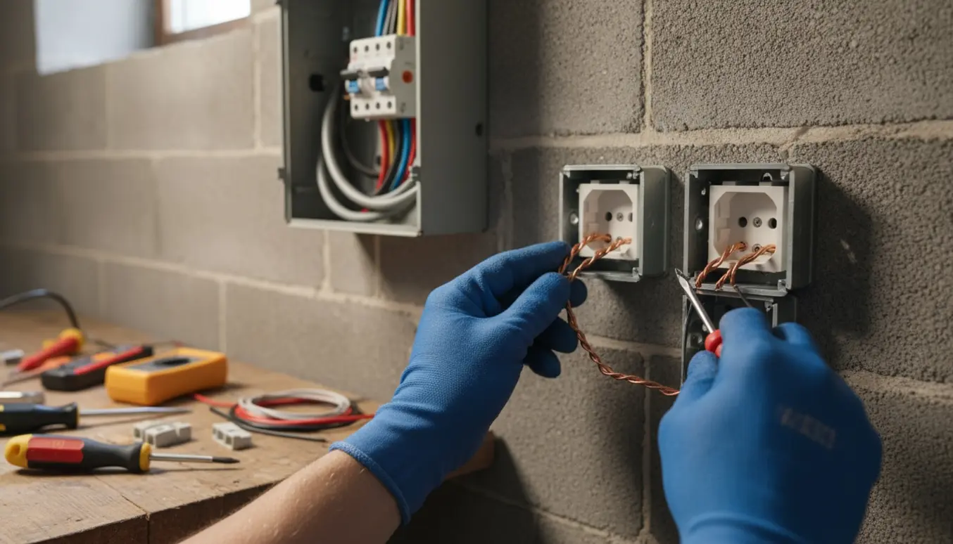 Hænder i handsker monterer to stikkontakter i en kældervæg med en åben tavle i baggrunden.