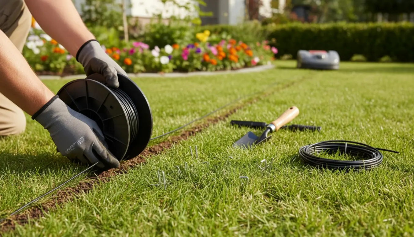 Nærbillede af hænder, der lægger kanttråd til en robotplæneklipper langs græsplænekanten.
