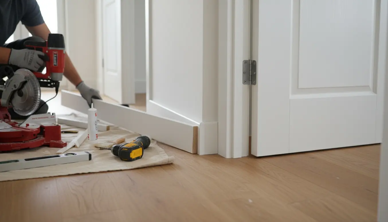 Nye hvide inderdøre og montering af fodpanel i en lys entré, nærbillede af hænder der sætter en fodliste på plads.