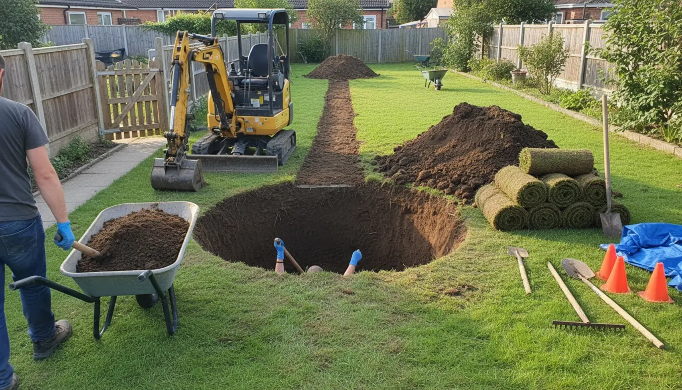 Gravning til nedgravet trampolin i en have med minigraver, trillebør og jordstakke.