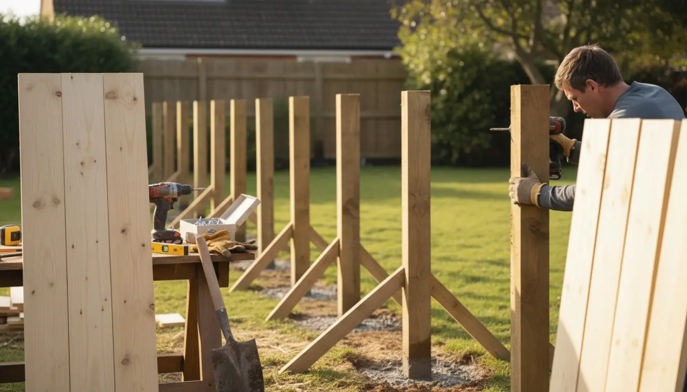 Ny plankeværk under opførelse i have med støbte stolper og brædder klar til montering.