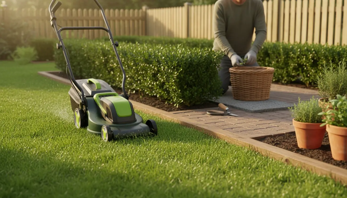 Plæneklipper i arbejde og handsker, der luger kanten af en klippet hæk i en lille have.