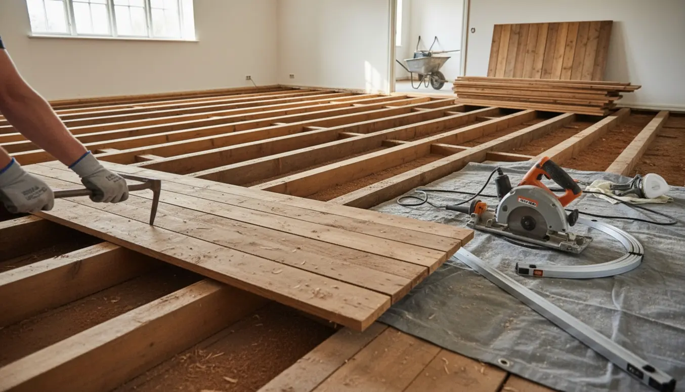 Delvist opløftet trægulv med eksponerede strøer, værktøj og bunker af genbrugstræ.