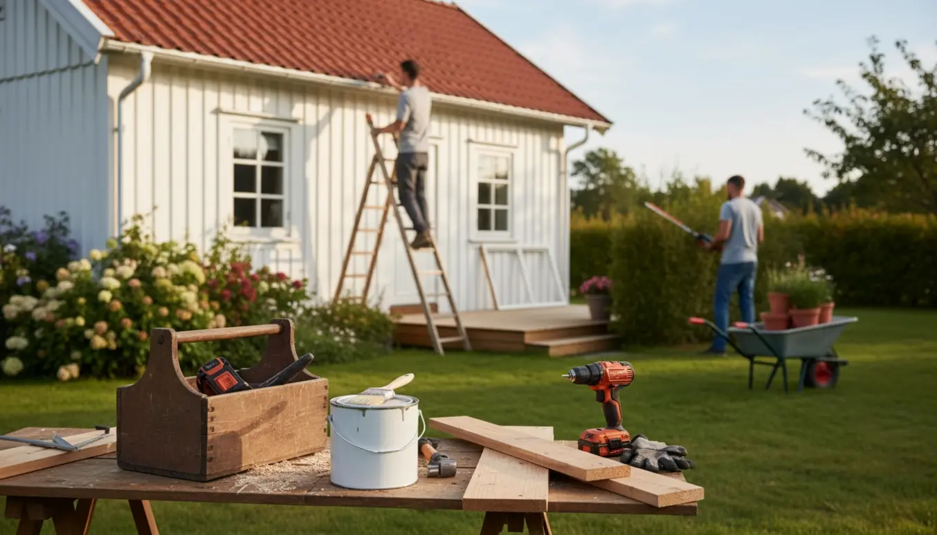 Sommerhus udvendig vedligeholdelse med maler på stige, værktøj og havearbejde.