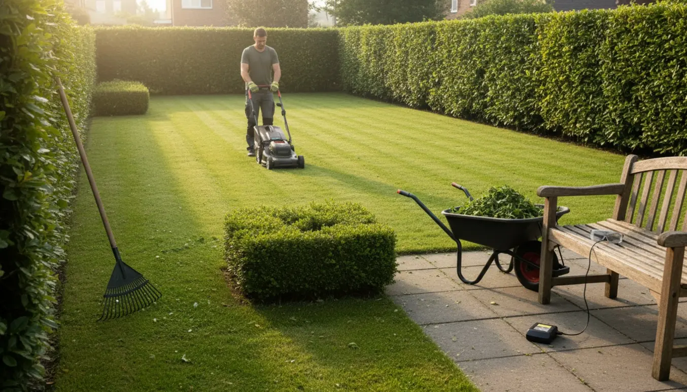 Plæneklipper i arbejde på en ca. 150–200 m² græsplæne med nyskårne hække i en villahave.