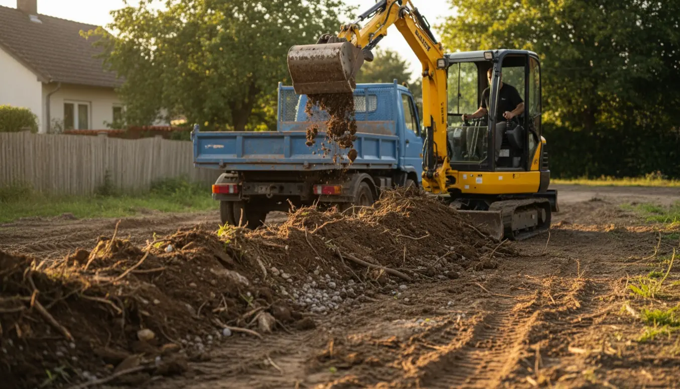 En gravemaskine læsser en jordbunke med rødder og grene op i en lastbil i en privat have.