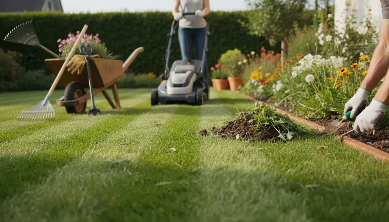Nyklippet græs med haveredskaber og en bunke fjernet ukrudt i en solrig have.