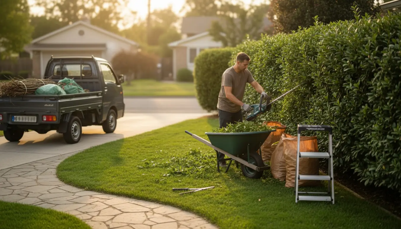 Nærbillede af hækkeklipning med hækkeklipper, fyldte haveaffaldssække og trailer klar til bortkørsel.