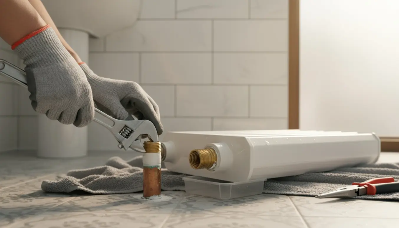 Nærbillede af hænder, der sætter en prop i et rør efter afmontering af en badeværelsesradiator.