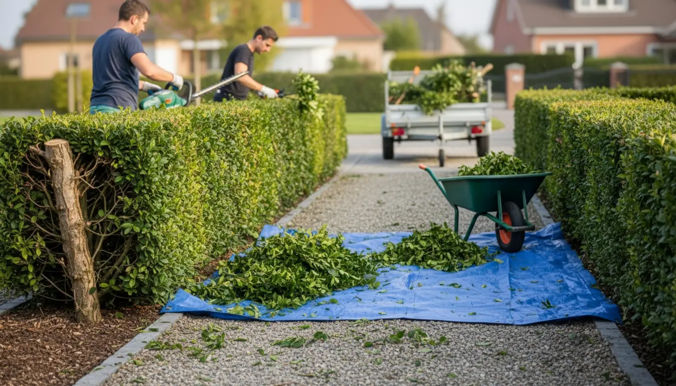 Arbejde med at klippe og samle afklip fra to hække, med trailer og værktøj i baggrunden.