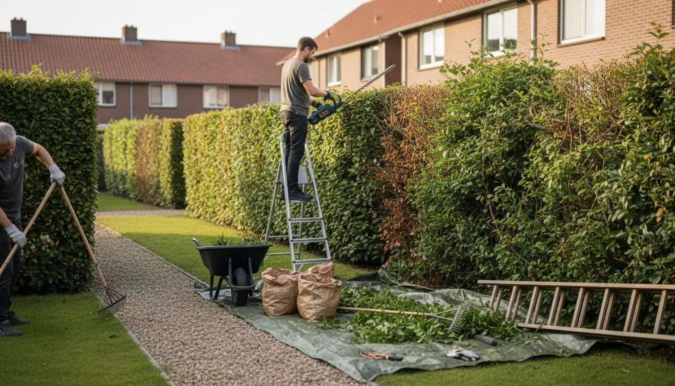 Bagfra set person trimmer en høj rækkehus-hæk med langthækketrimmer, mens afklip samles på en presenning og i en trillebør.